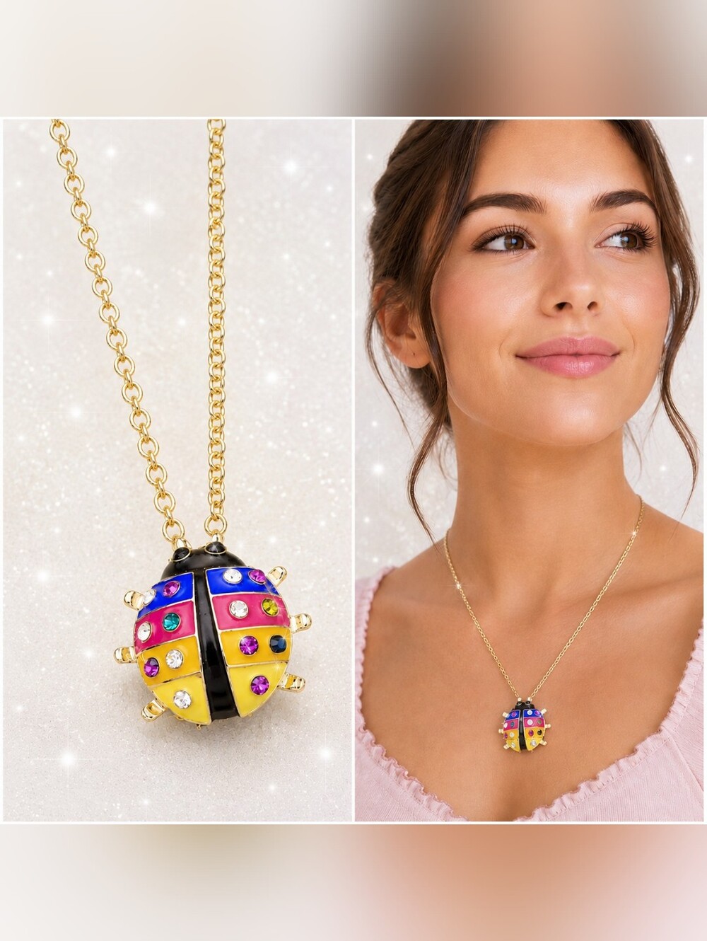 Gold plated multicolored crystal ladybug necklace/brooch